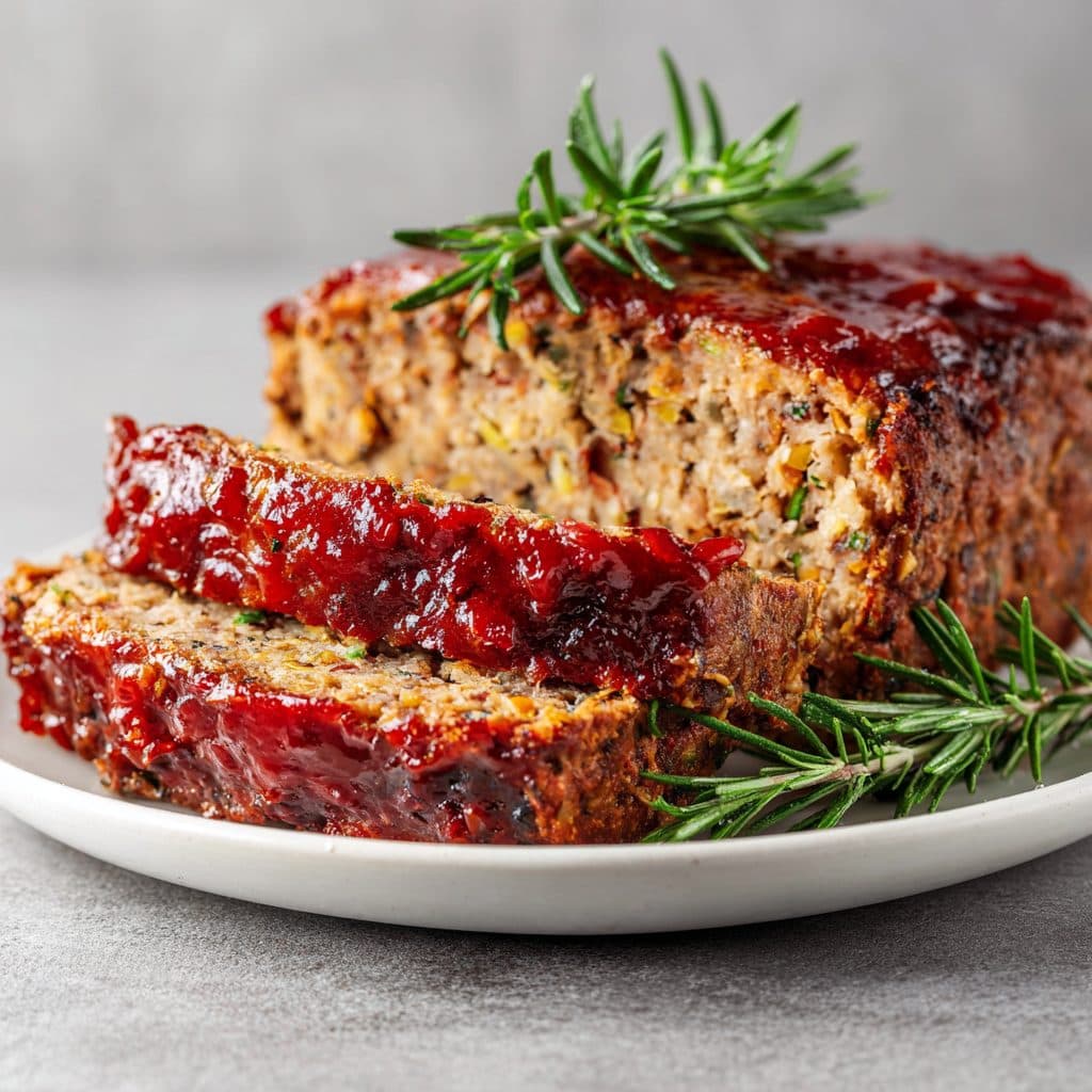 A slice of vegan lentil meatloaf with glaze on a plate