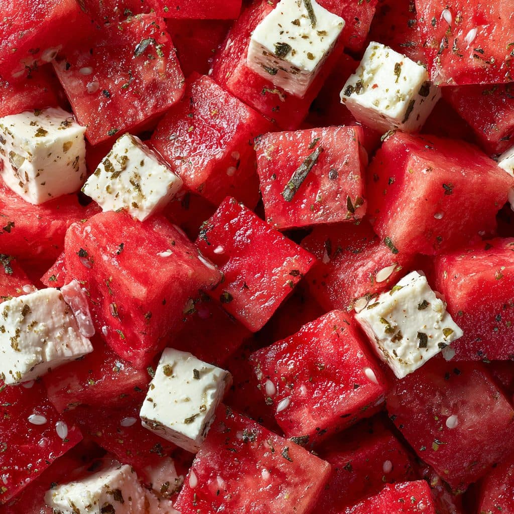 Cubes of watermelon and feta with mint on a plate.