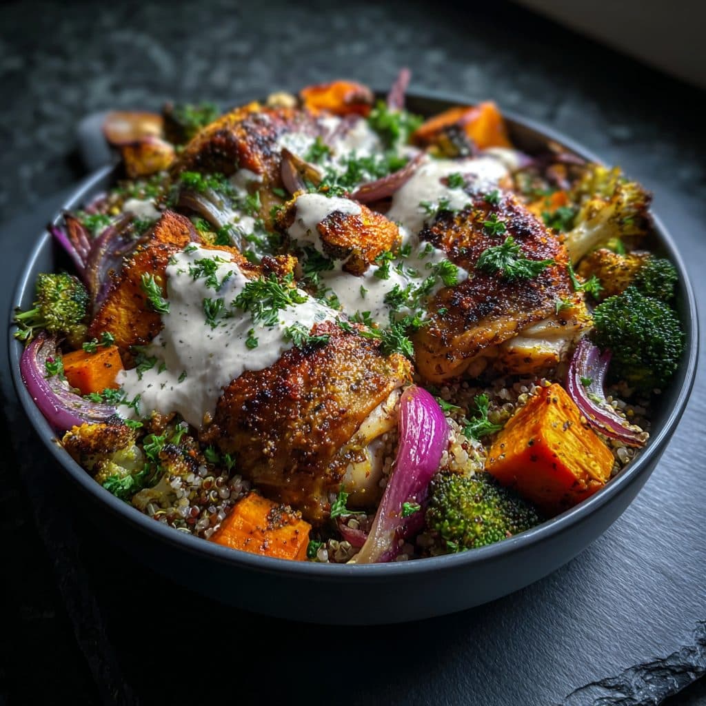 A colorful Mediterranean bowl with zaatar roasted chicken, quinoa, and roasted vegetables with yogurt sauce