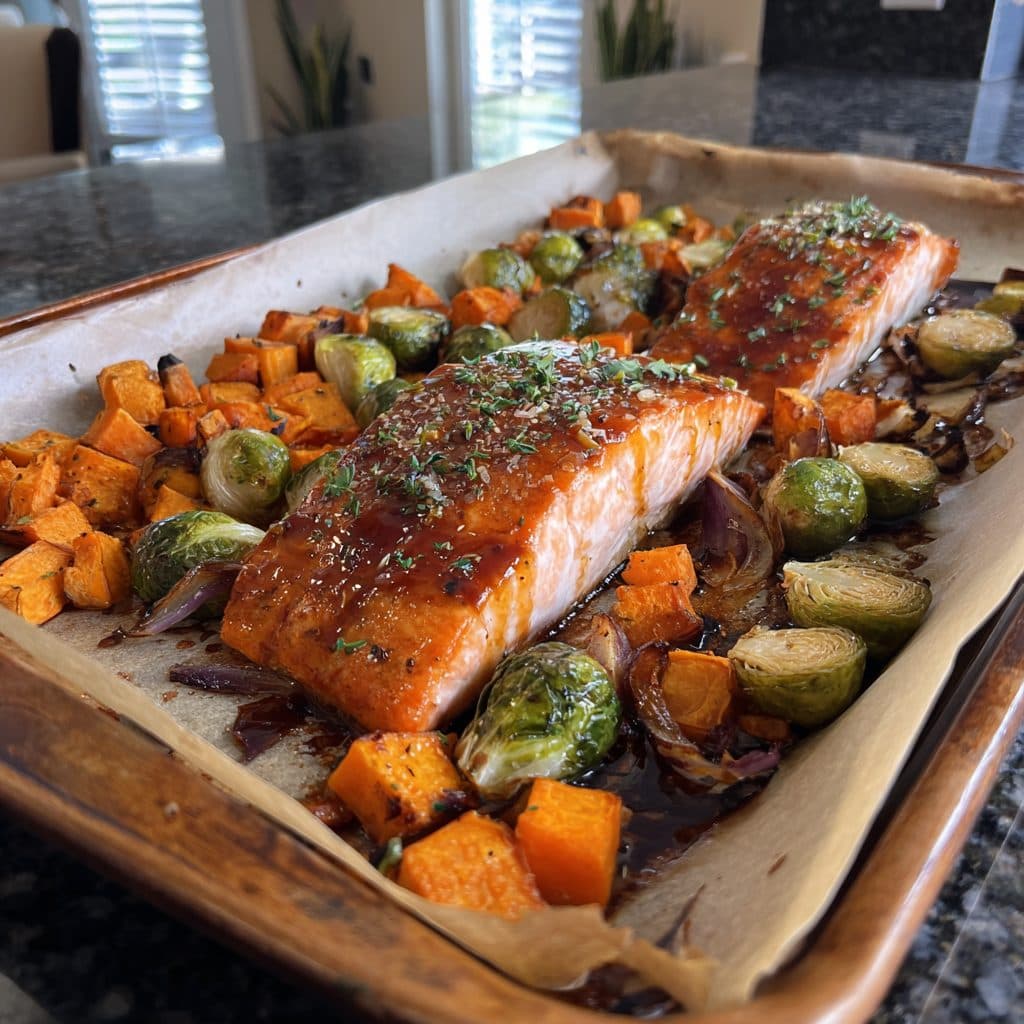 Sheet Pan Maple Glazed Salmon with Roasted Brussels Sprouts and Sweet Potatoes